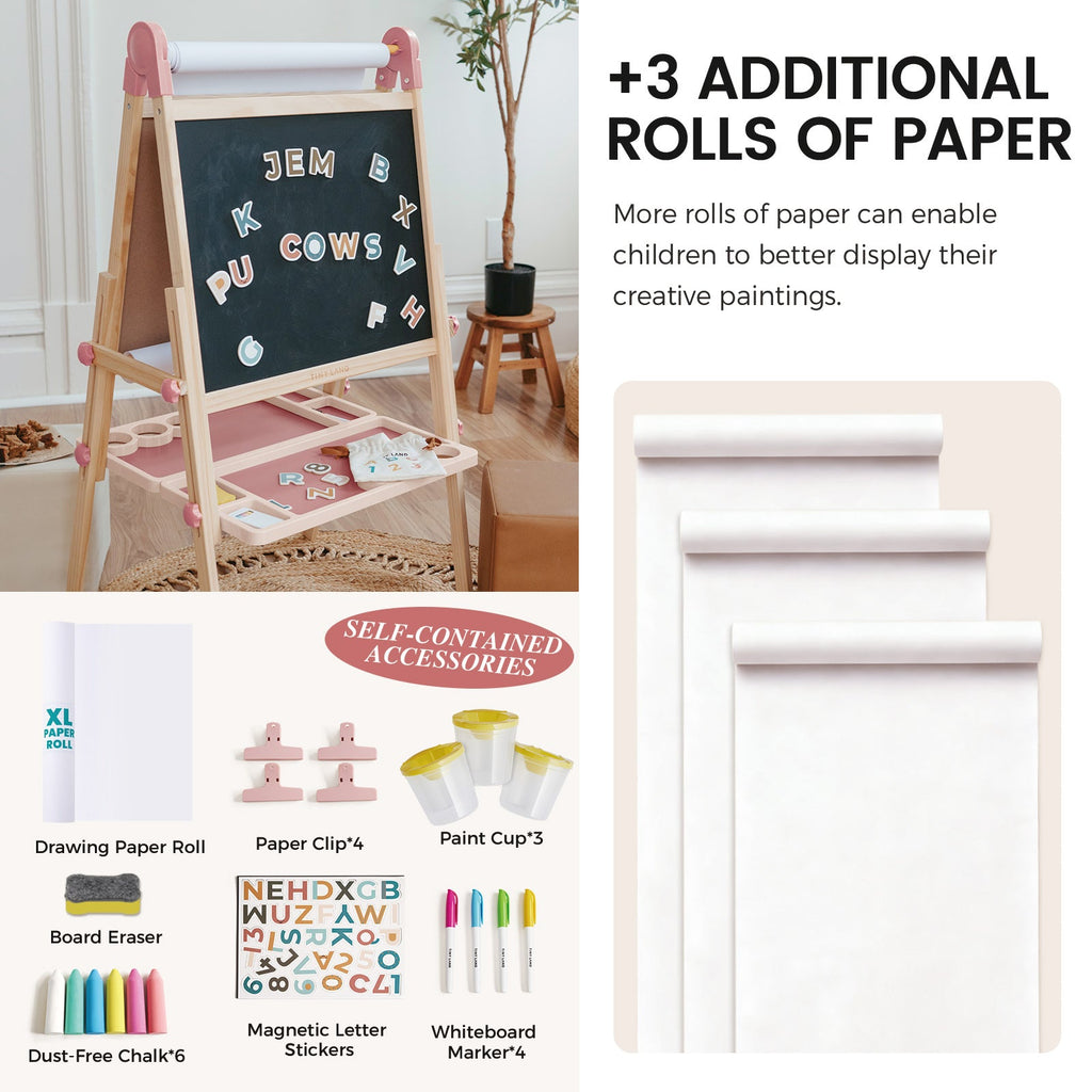 Pink easel with chalkboard, included paper rolls, cups, clips, and markers