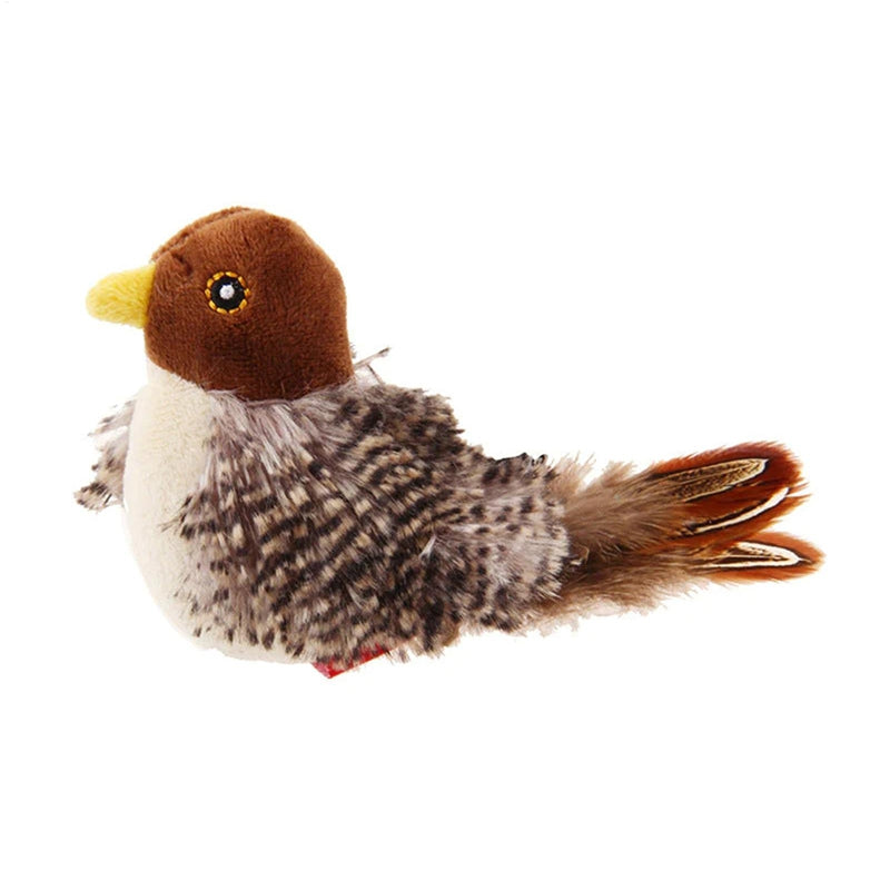 Standing plush bird cat toy with brown head, yellow beak, white belly, and feather wings