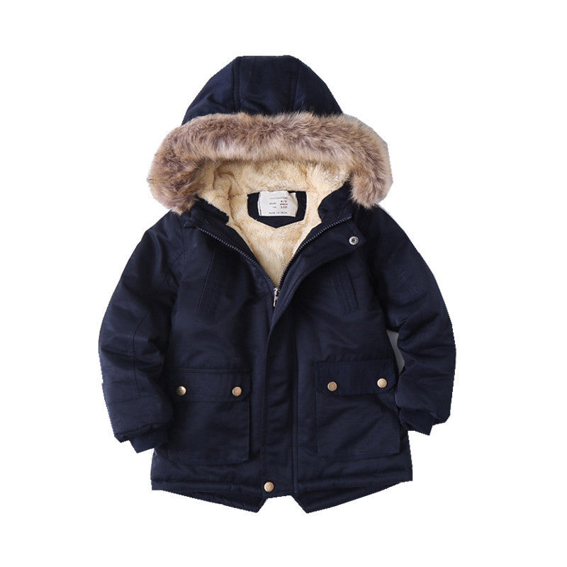 Boys insulated winter jacket with faux fur hood, dark navy, button pockets