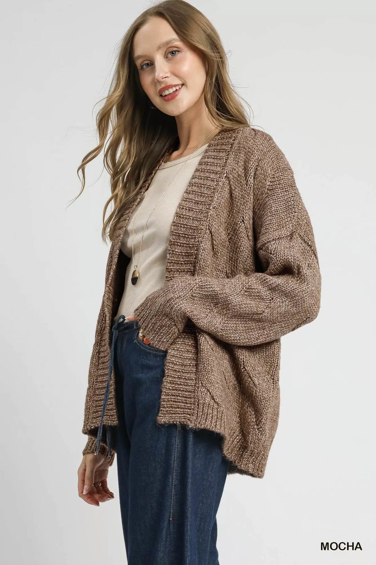 Mocha chunky cable-knit open-front cardigan with front pockets and dropped shoulders