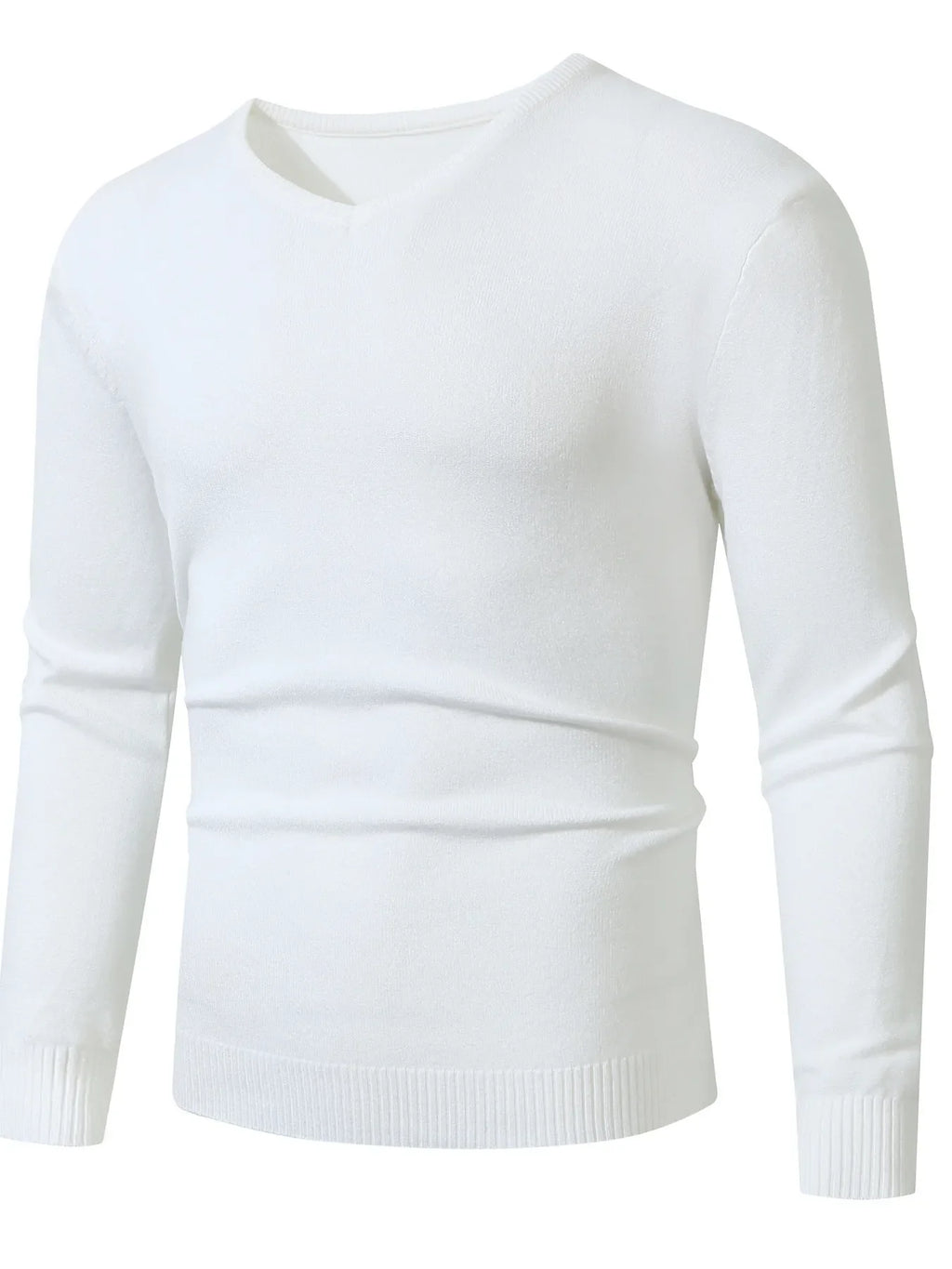 Plus size ribbed hem long sleeve sweater, v-neck, white