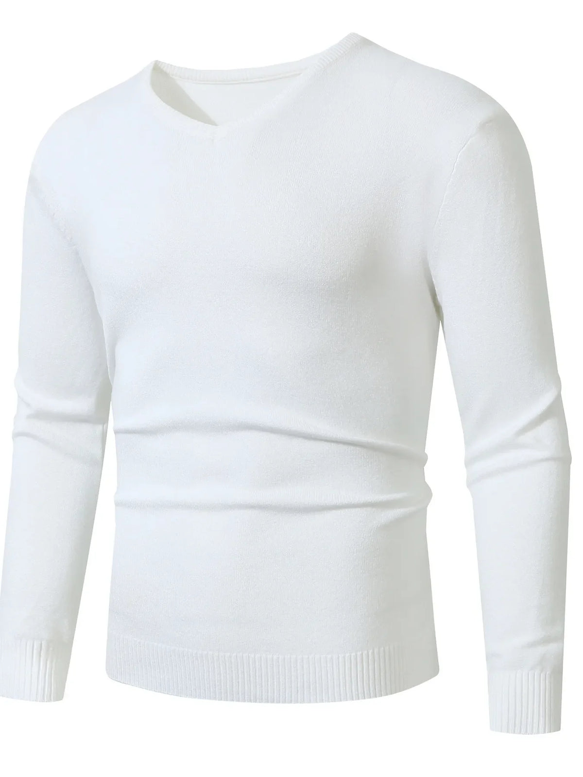 Plus size ribbed hem long sleeve sweater, v-neck, white