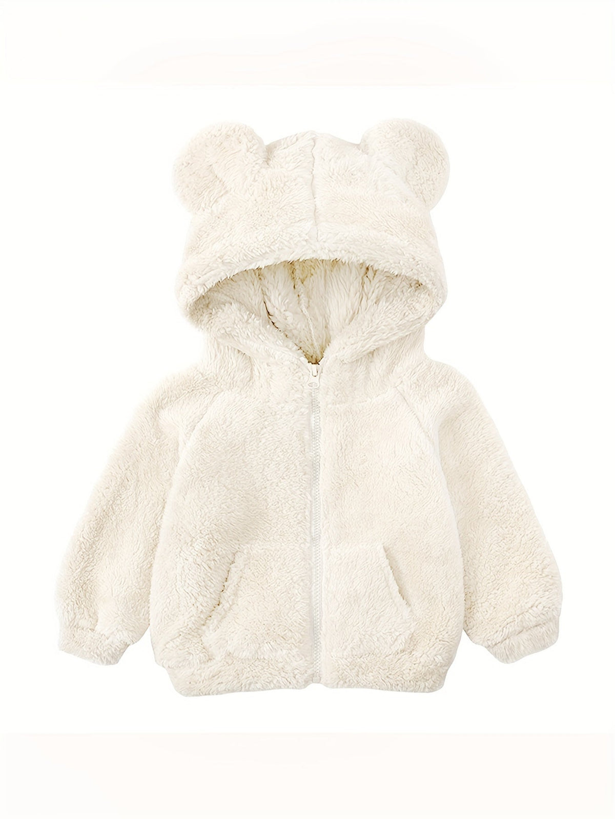Baby girl fuzzy hooded jacket in white plush with bear-ear hood and front zipper