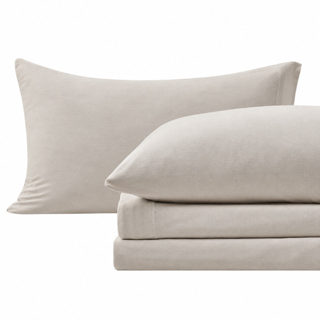 Sand jersey knit pillowcases and folded sheet set