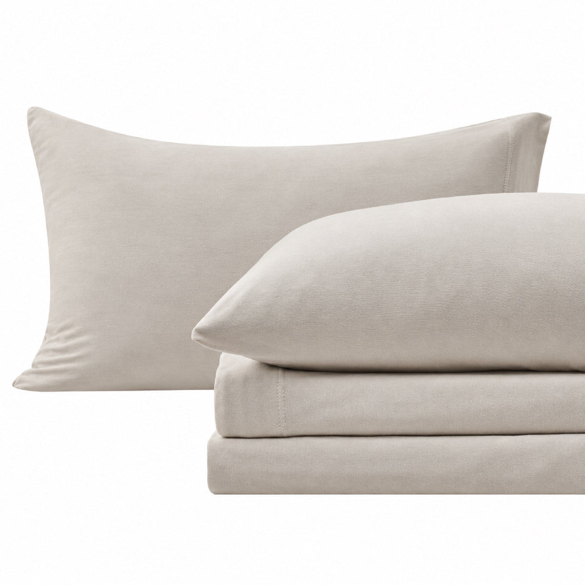 Sand jersey knit pillowcases and folded sheet set