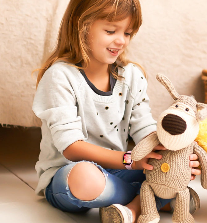 Kids' smartwatch worn on child's wrist with square display
