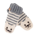 Grey and cream striped knit kitty cat mittens with cat face on the palms
