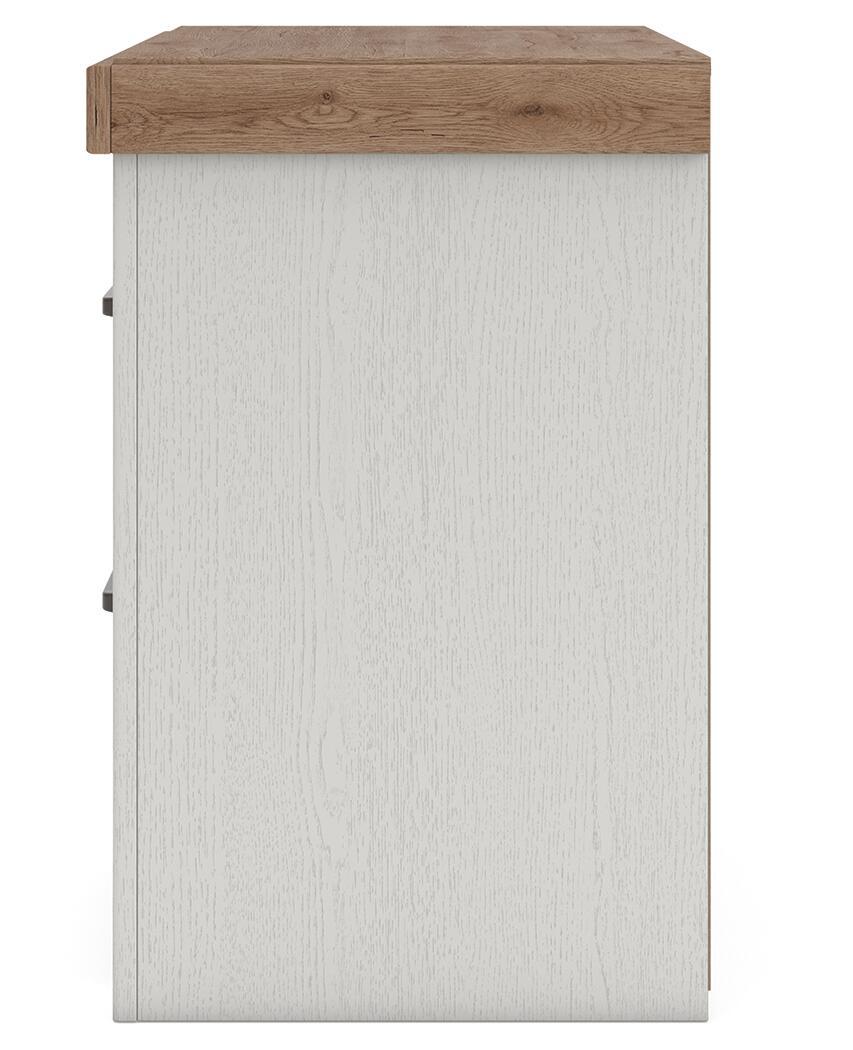 White nightstand with brown top, back/side panel view with black hinge hardware