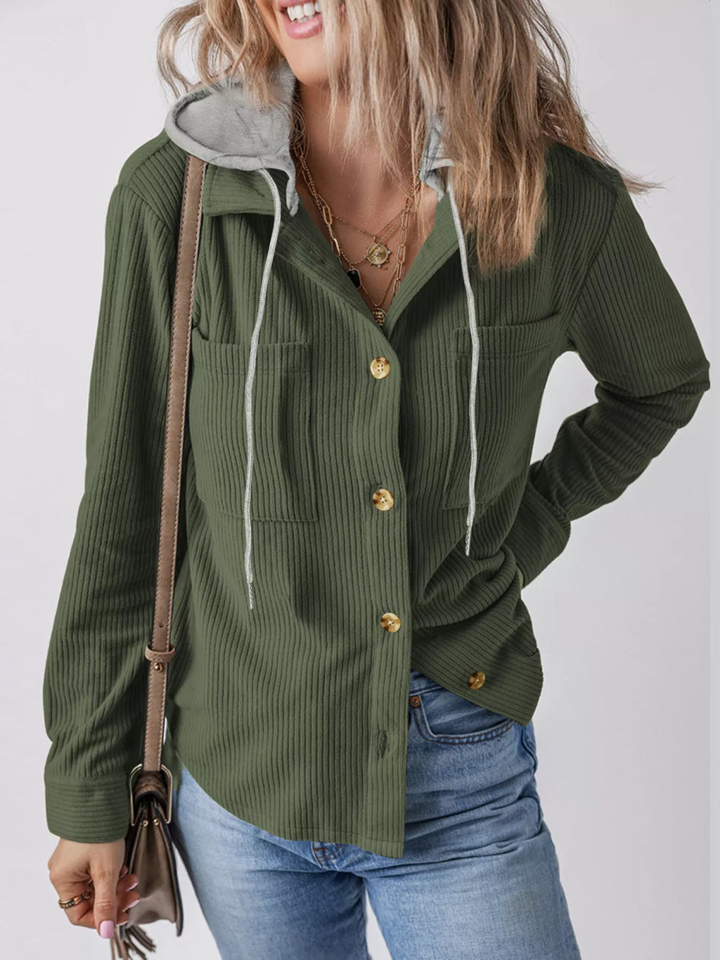 Army green corduroy hooded button-down jacket with chest pockets and white drawcords