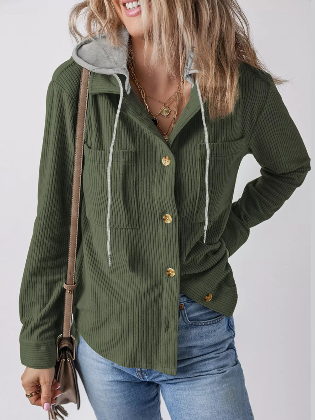 Army green corduroy hooded button-down jacket with chest pockets and white drawcords