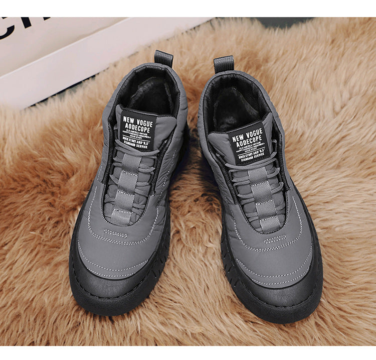 Men's black and gray high-top winter boots, pair view with padded collar and laces