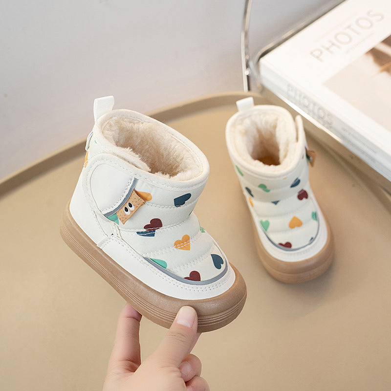 Kids winter ankle boots, white with colorful animal prints, tan sole, warm fuzzy lining