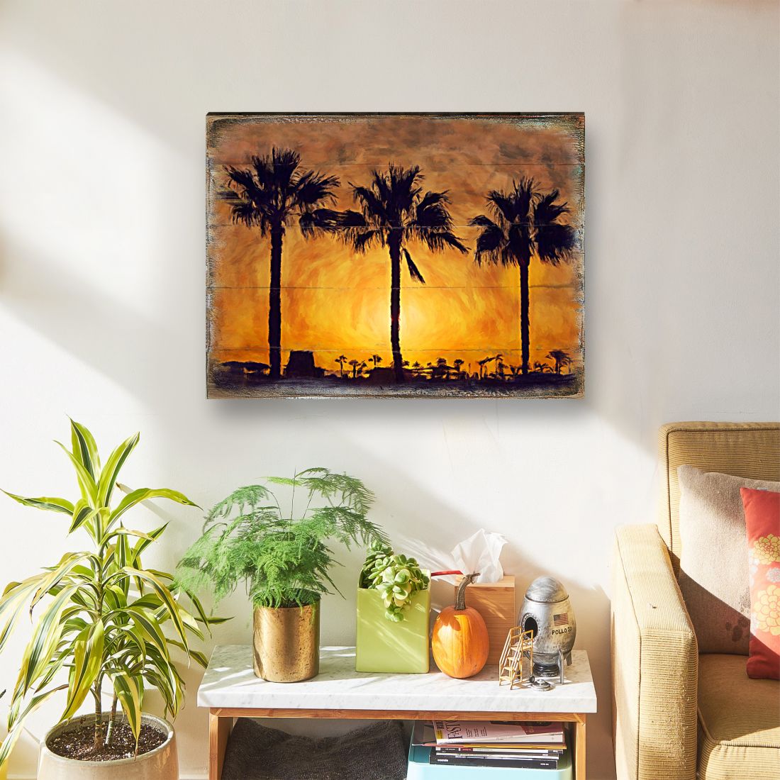 Palm tree sunset wall art rectangle with dark palms and warm orange sunset background