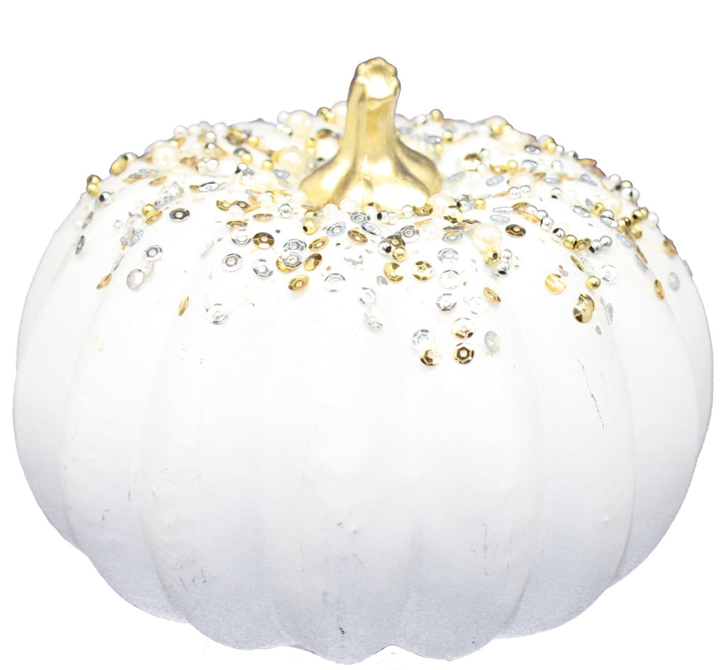 Handblown glass white pumpkin with gold stem and gem-like beaded jewel accents