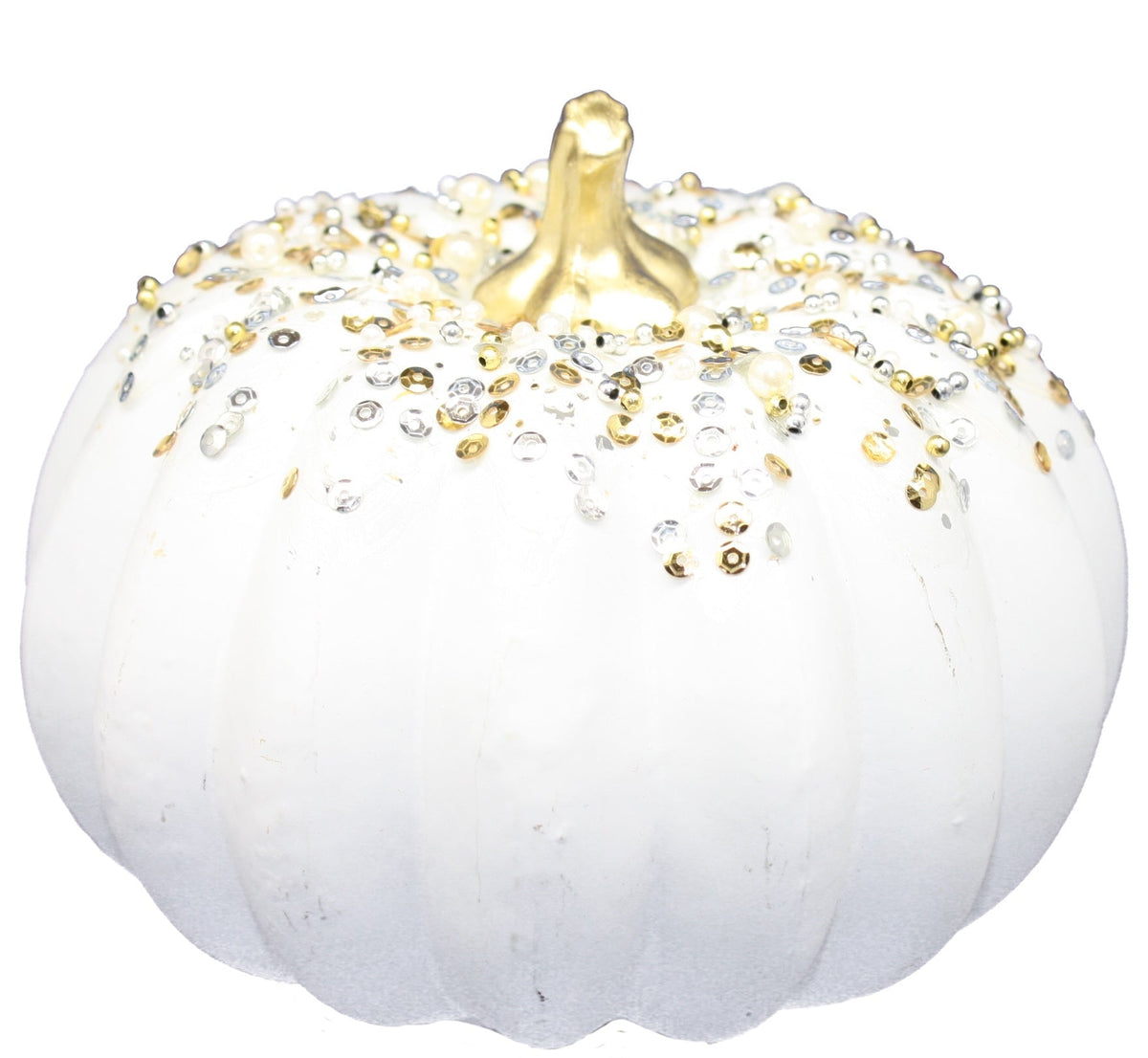 Handblown glass white pumpkin with gold stem and gem-like beaded jewel accents