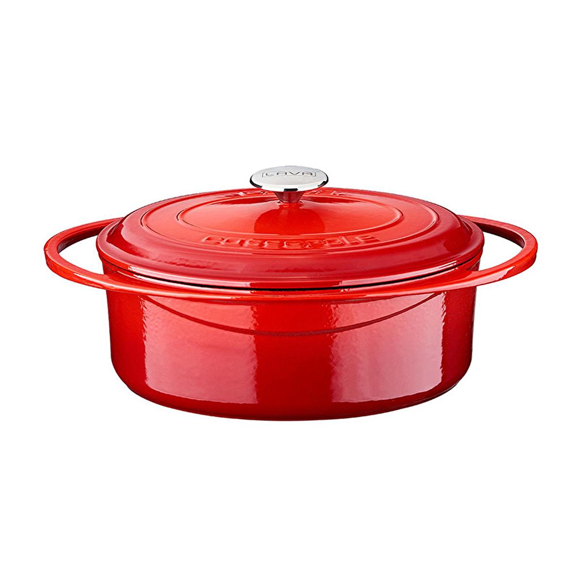 Red enamel oval pot with lid and loop handles, domed lid knob labeled LAVA