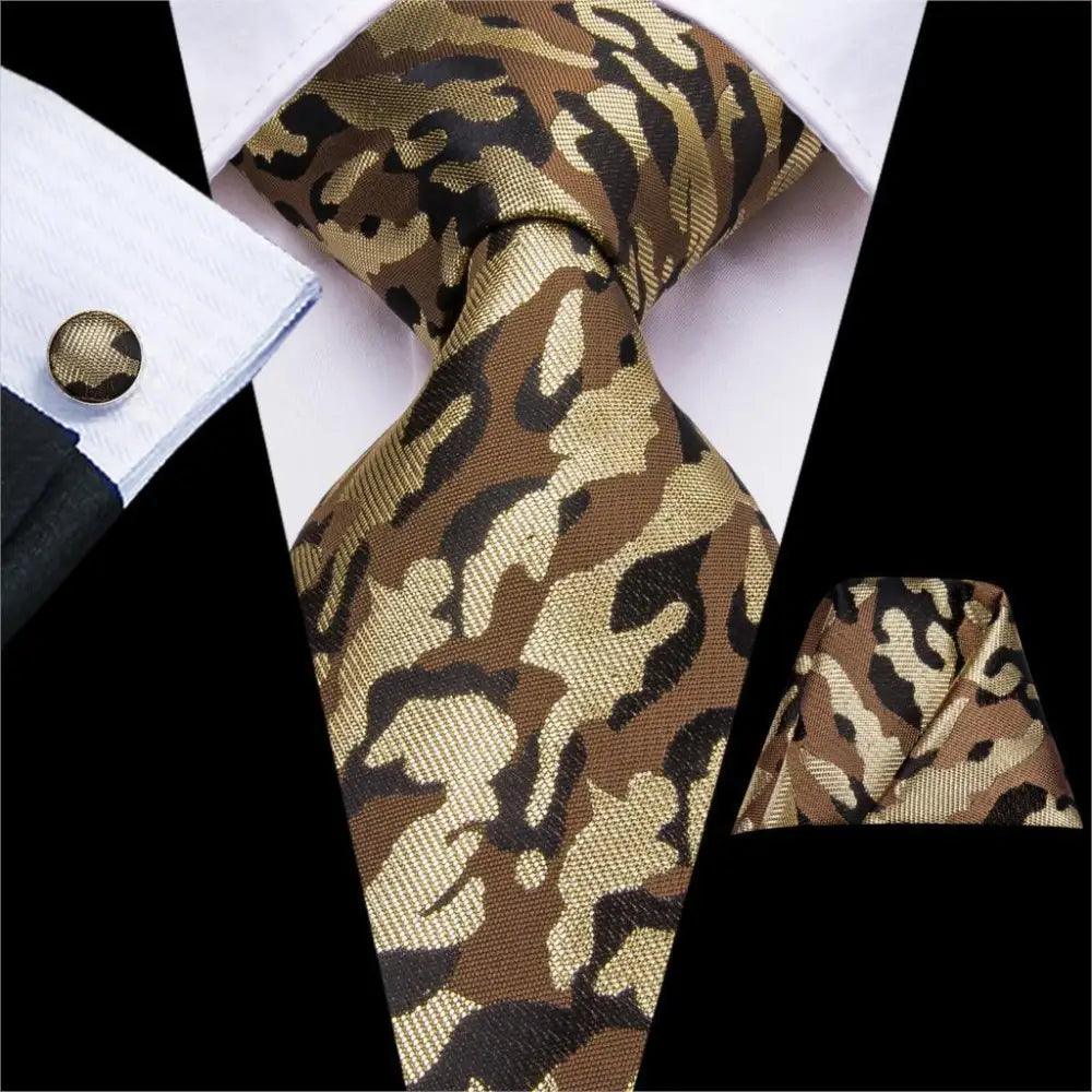 Men's tie set with pocket square and cufflinks, brown camouflage-style tie with gold accents