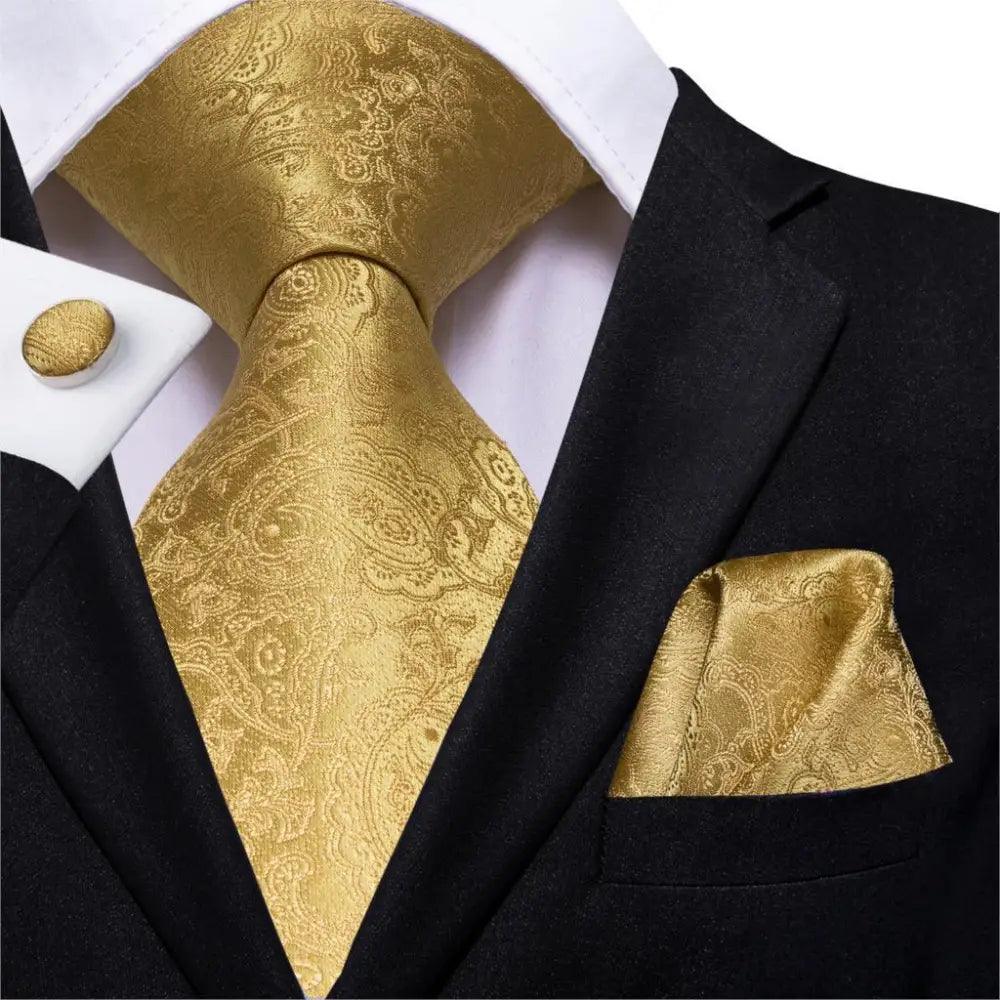 Men's tie set with pocket square and cufflinks, metallic gold paisley tie with matching handkerchief