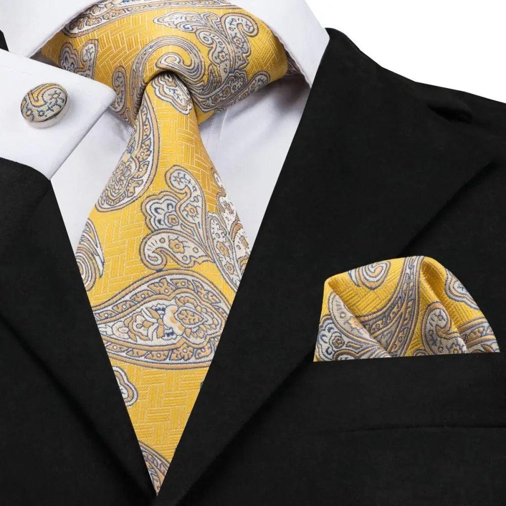 Men's tie set with pocket square and cufflinks, yellow tie with blue paisley and swirls