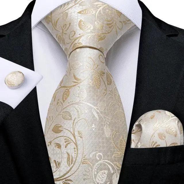 Men's tie set with pocket square and cufflinks, light gold-and-cream floral patterned tie