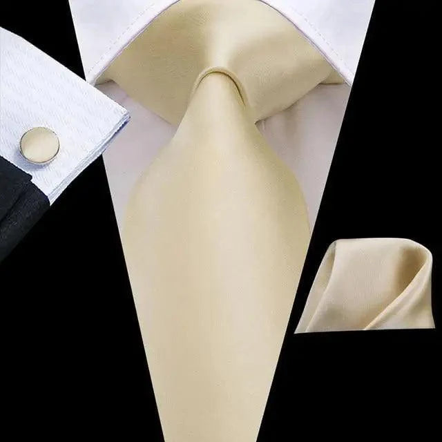 Men's cream solid tie set with matching pocket square and cufflinks