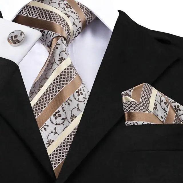 Men's tie set with pocket square and cufflinks, beige and black striped patterned tie