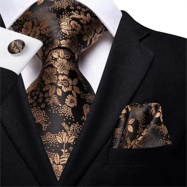 Men's tie set with pocket square and cufflinks, dark tie with ornate gold floral pattern