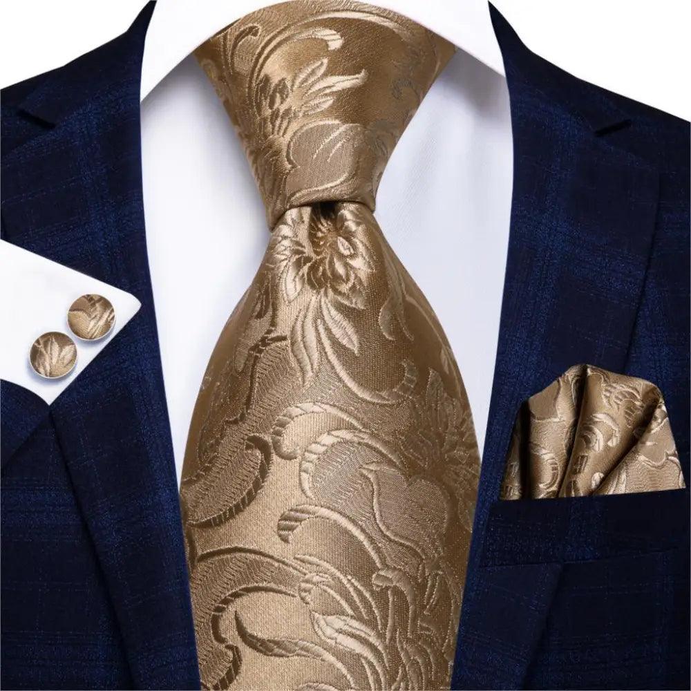 Men's tie set with pocket square and cufflinks, bronze-gold floral damask tie with matching square