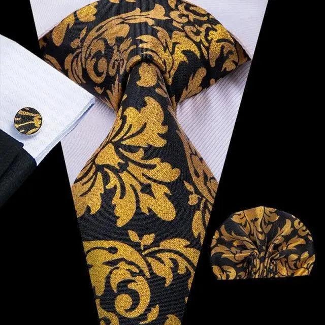 Men's tie set with pocket square and cufflinks, black tie with gold swirling floral design