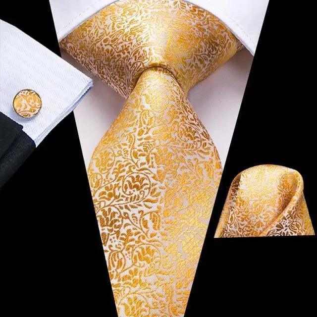 Men's tie set with pocket square and cufflinks, bright gold ornamental patterned tie
