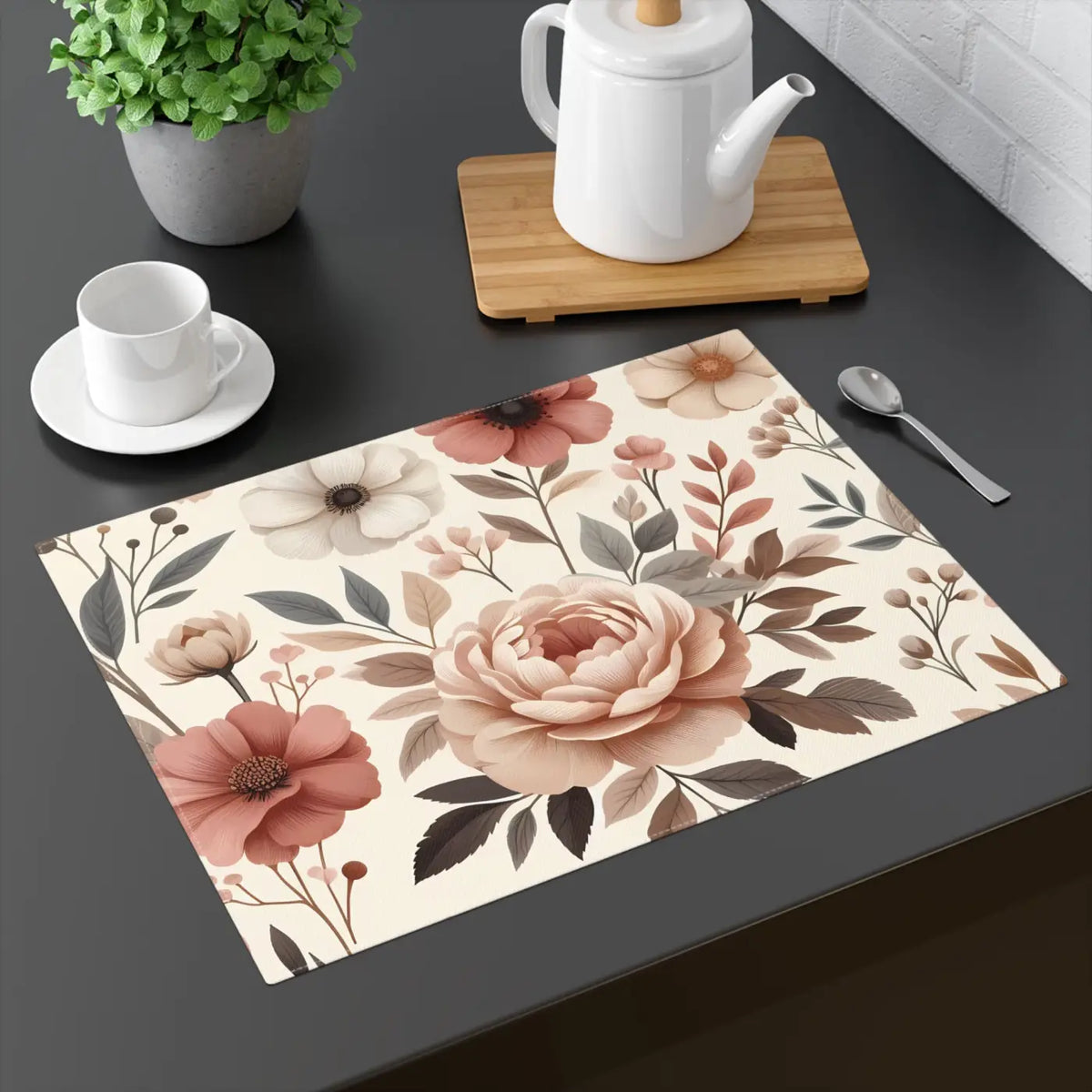 Cotton floral placemat, cream base with pink and brown flower bouquet pattern