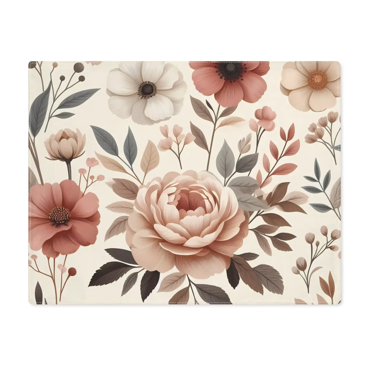 Cotton floral placemat with large blush peony and smaller botanical blooms on cream