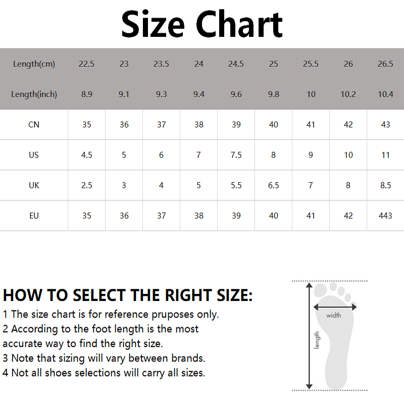 Size chart graphic with length in cm and inches for sneakers