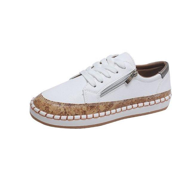 Women’s white lace-up sneakers with brown trim and textured side sole