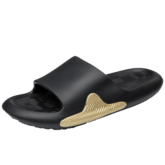 Men’s EVA slide sandals, black upper with gold patterned side stripe and textured footbed