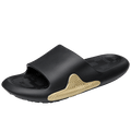 Men’s EVA slide sandals, black upper with gold patterned side stripe and textured footbed