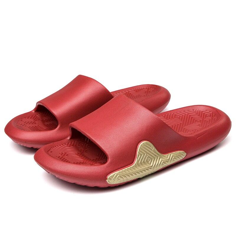Unisex EVA slide sandals, red upper with textured gold heel accent and grippy sole
