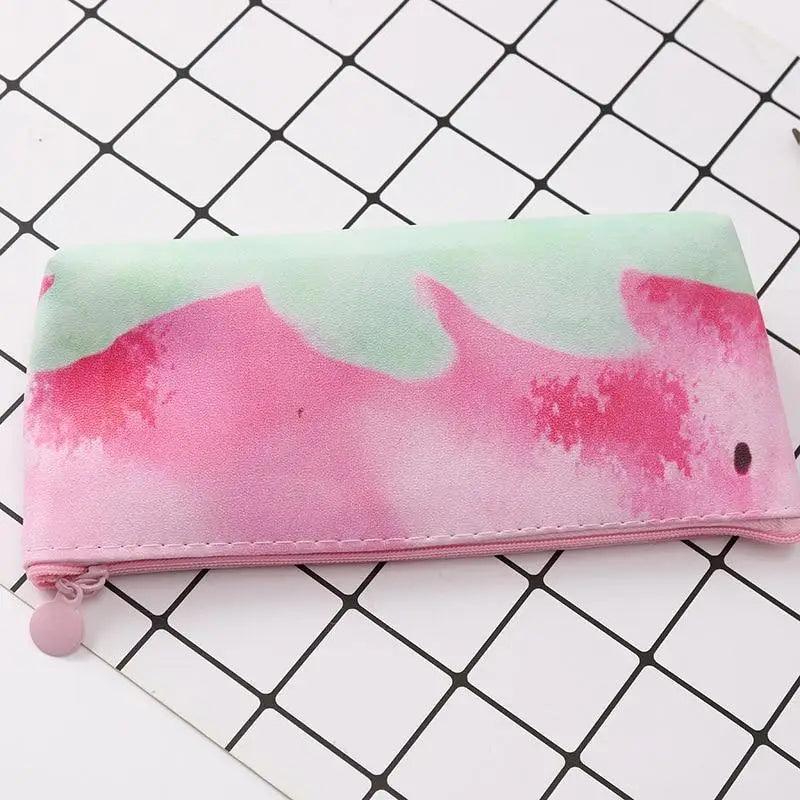 Pink-and-mint watercolor style pencil case pouch with pom-pom zipper pull