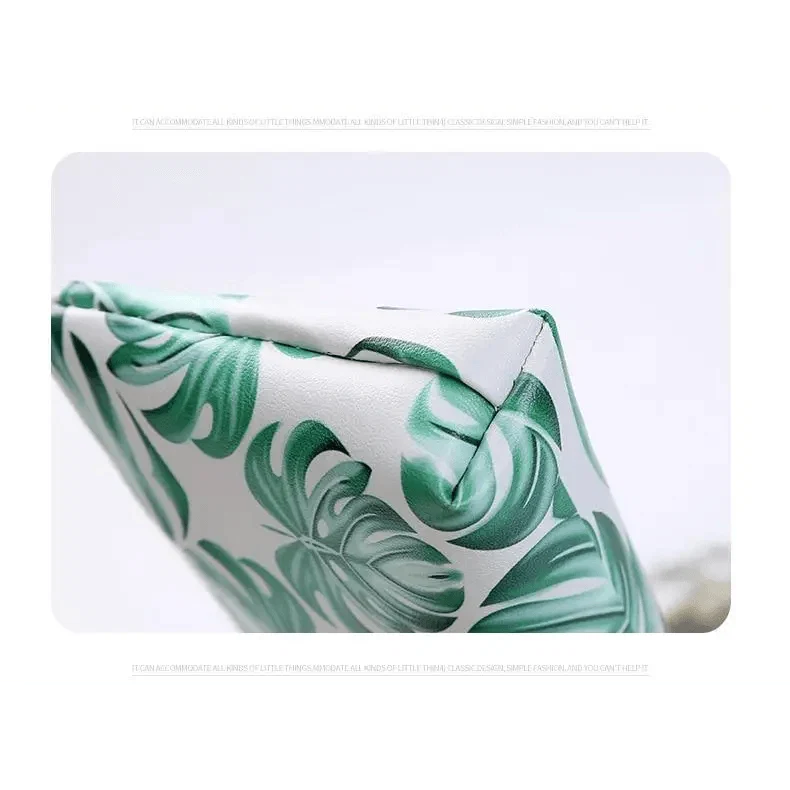 Green tropical leaf pencil case pouch with rolled fabric top