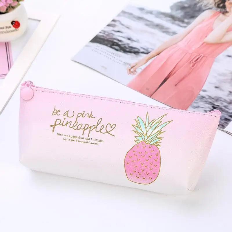 Pink and white pineapple print pencil case pouch with zip and gold text