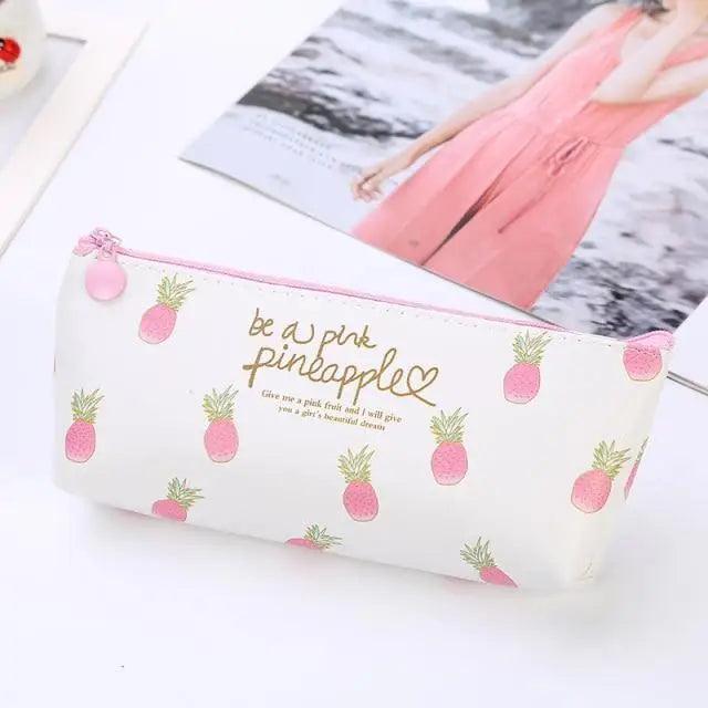 White pencil case pouch with pink pineapple pattern, zip closure, and pom-pom pull