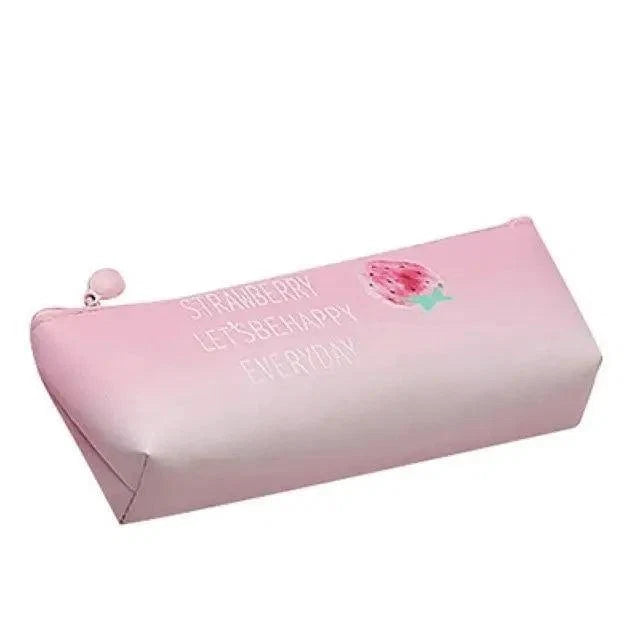 Pink gradient pencil pouch with strawberry print, “Strawberry” text, and zip closure