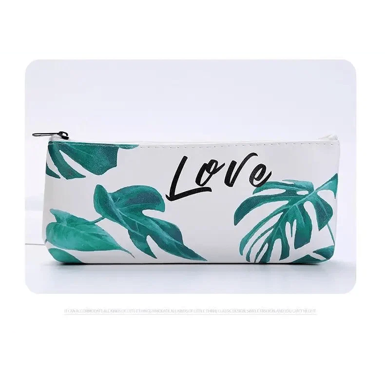 Small zippered pencil case, green leaf and Love print