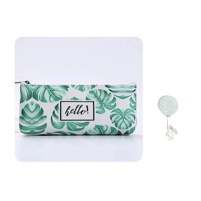 Tropical green leaf pencil pouch with “hello” patch label and zip closure