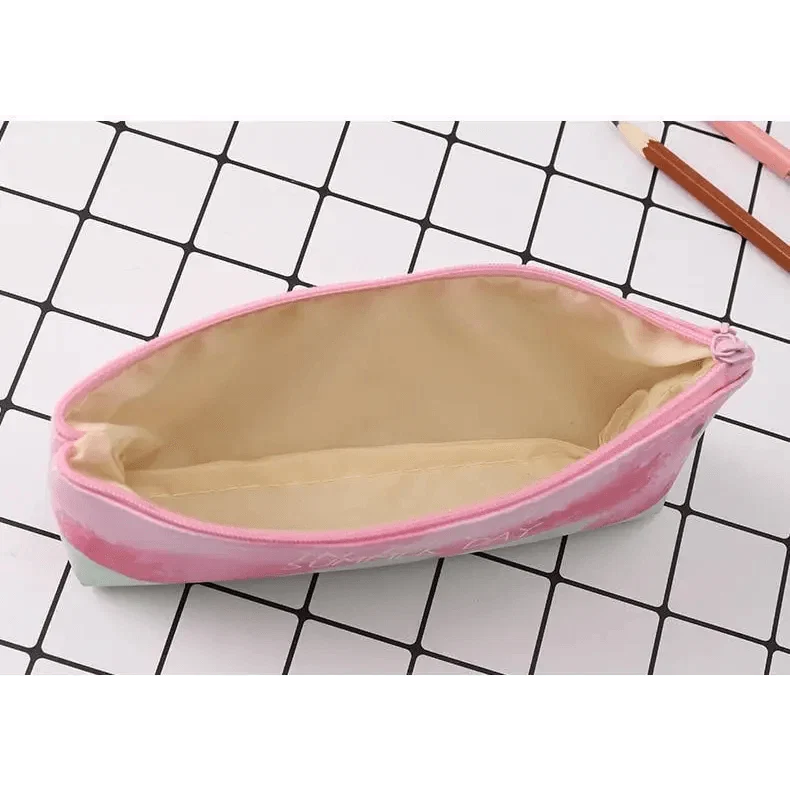 Pink striped pencil case pouch with open top and beige interior
