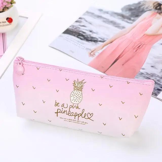 Pink pineapple-themed pencil case pouch with zip closure and gold accent print