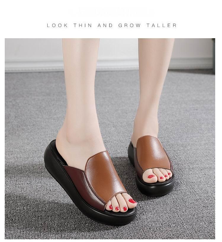 Brown leather open-toe wedge clogs, slip-on design, red nail polish visible