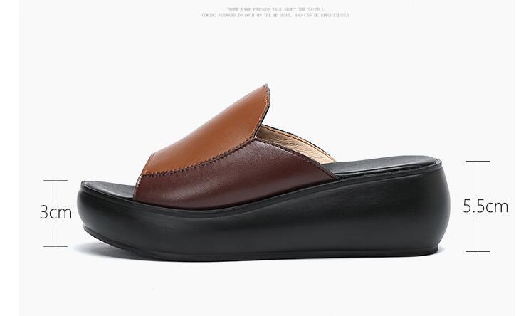 Brown leather open-toe platform clog mule with black wedge sole, side view
