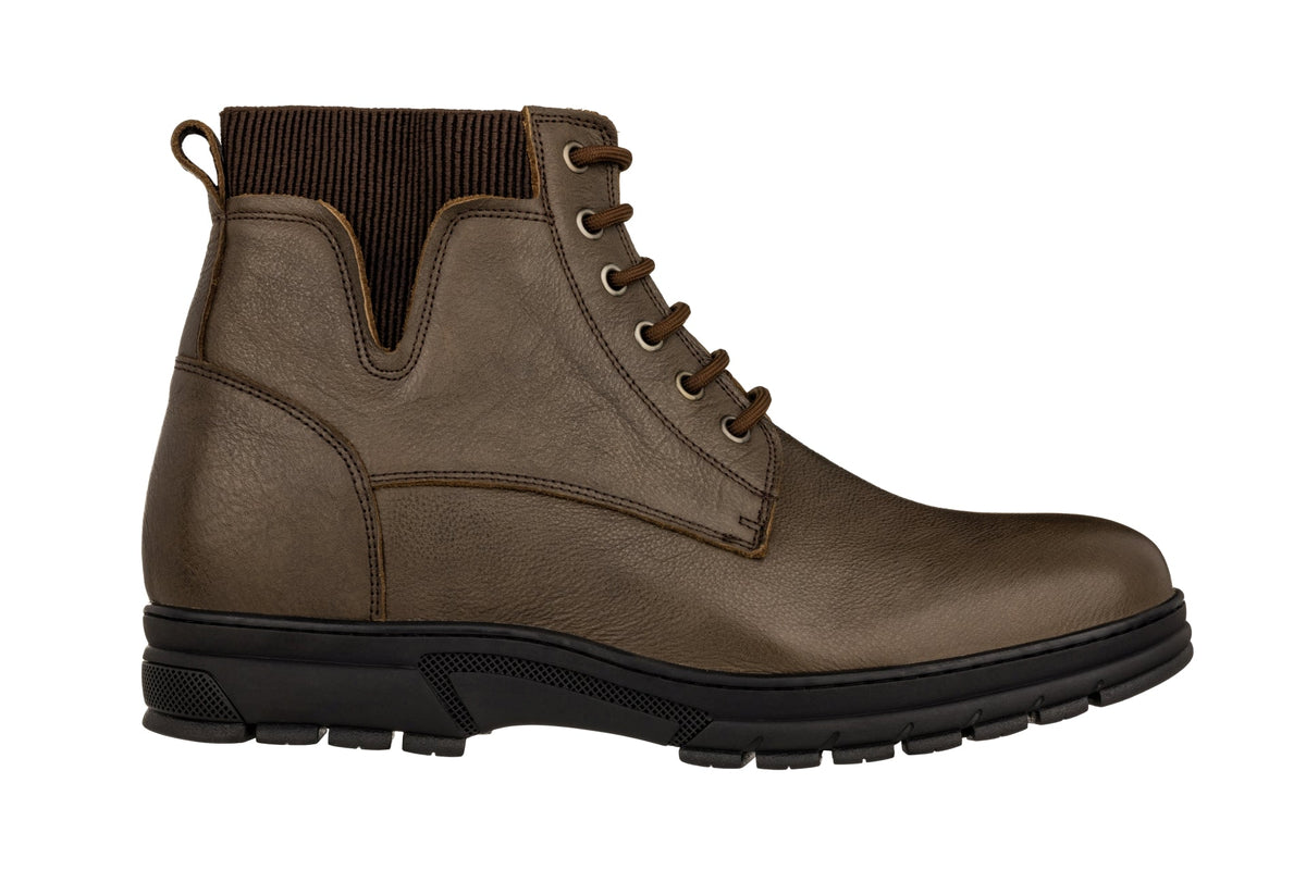 Chocolate brown lace-up work boot with elastic side goring and rugged tread sole
