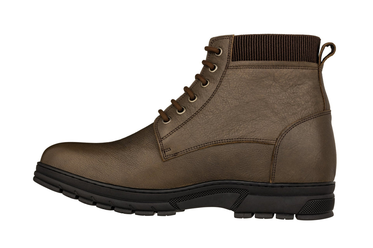 Chocolate brown ankle work boot with lace-up closure, padded tongue, and traction sole